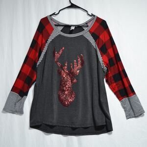 Moa Moa Woman's Raglan Sequin Reindeer Top Size 2X